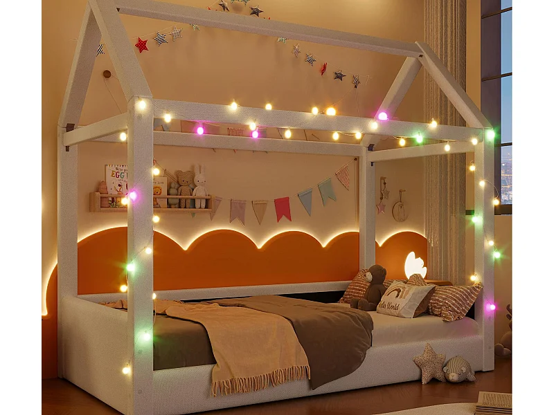 Hausbett 90x200cm - mit LED-Lichtleiste - Dach-Design - MDF - Beige (Matratze nicht inbegriffen)