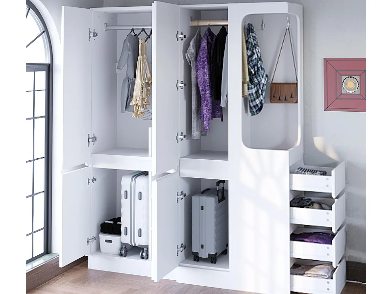 Kleiderschrank 140x40x170 cm - mit 4 Schubladen - mit Staufächern - mit Türen - weiß