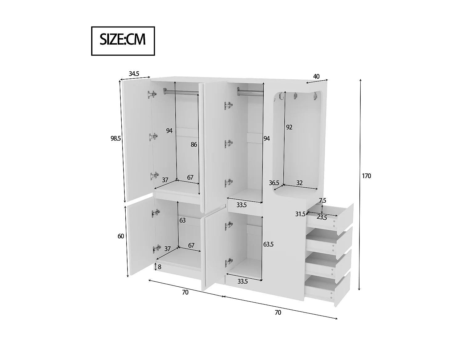 Kleiderschrank 140x40x170 cm - mit 4 Schubladen - mit Staufächern - mit Türen - weiß