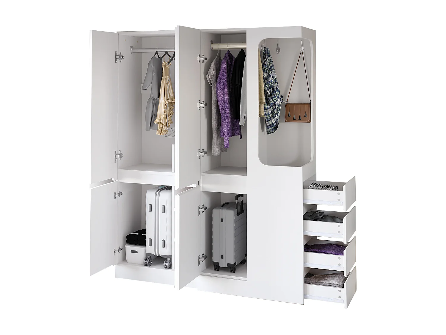 Kleiderschrank 140x40x170 cm - mit 4 Schubladen - mit Staufächern - mit Türen - weiß