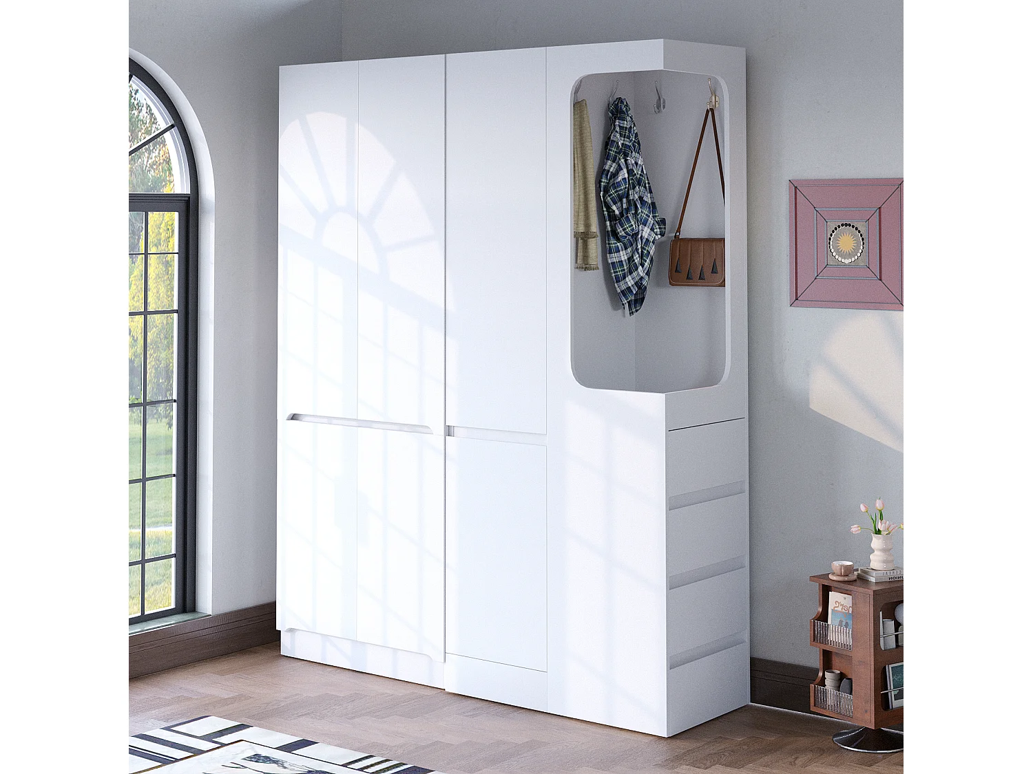 Garderobe 140x40x170 cm - med 4 skuffer - med opbevaringsrum - med låger - hvid