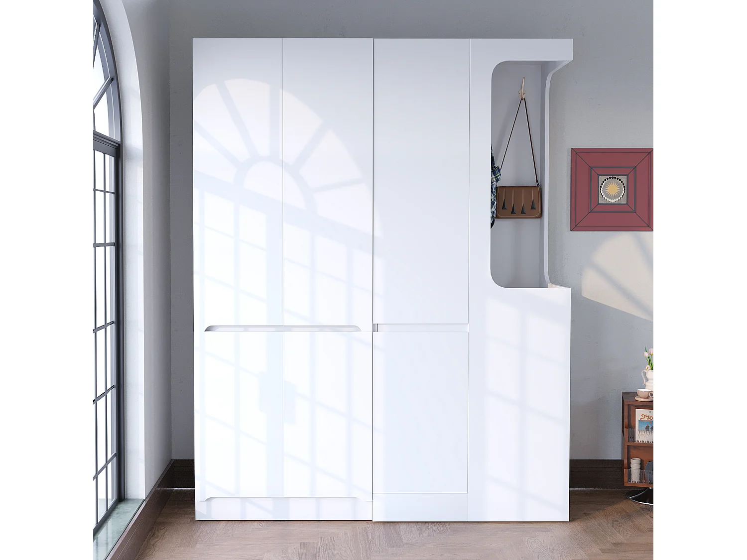 Garderobe 140x40x170 cm - med 4 skuffer - med opbevaringsrum - med låger - hvid