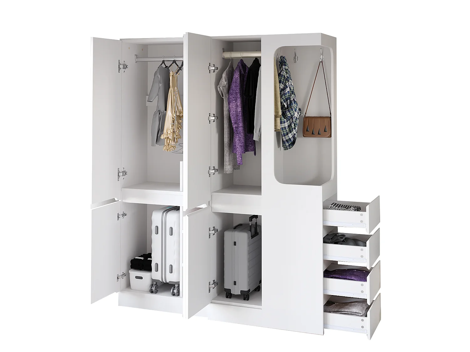 Garderobe 140x40x170 cm - med 4 skuffer - med opbevaringsrum - med låger - hvid