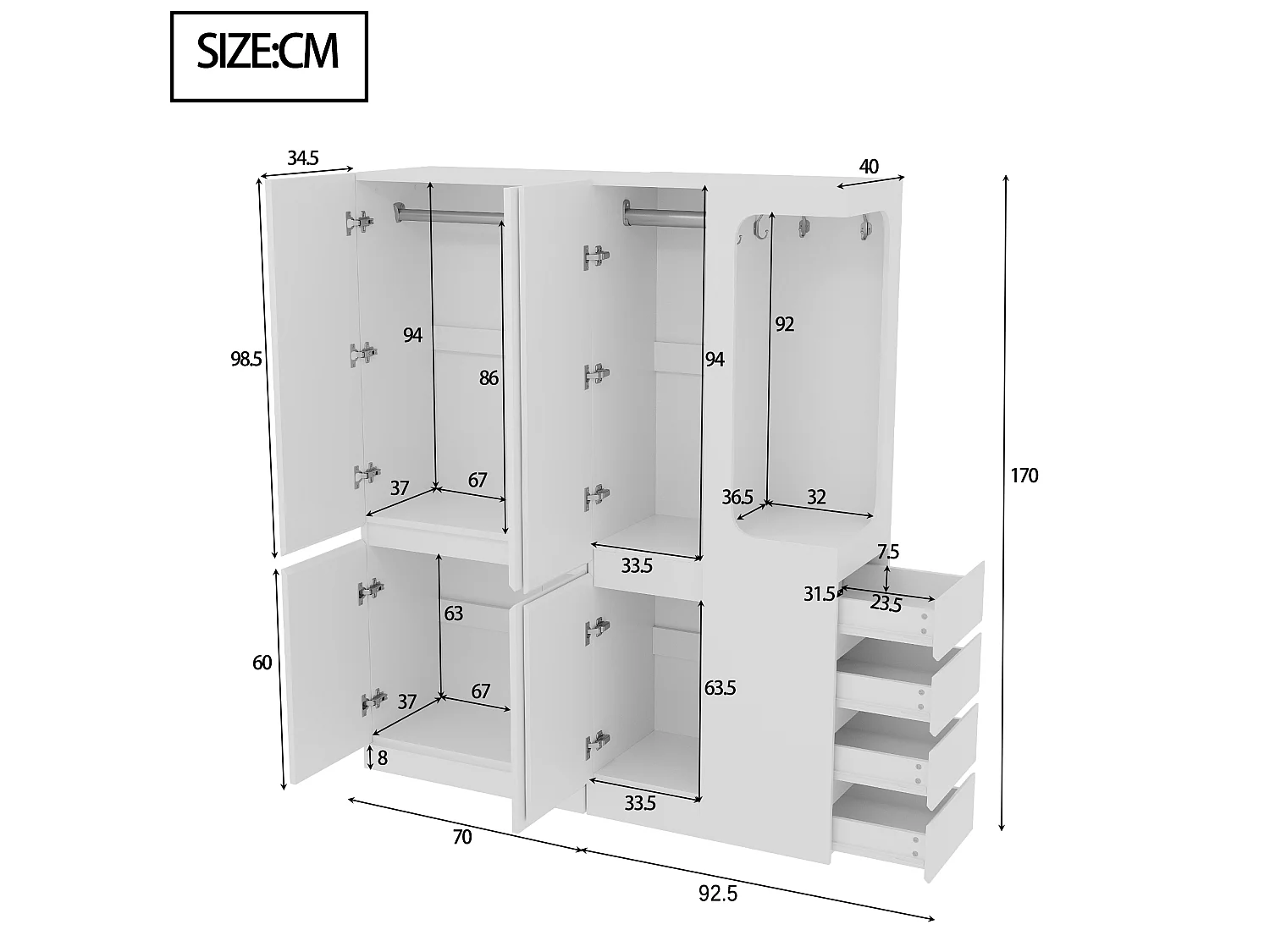 Garderobe 140x40x170 cm - med 4 skuffer - med opbevaringsrum - med låger - hvid