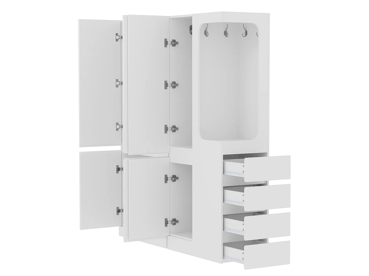 Garderobe 140x40x170 cm - med 4 skuffer - med opbevaringsrum - med låger - hvid