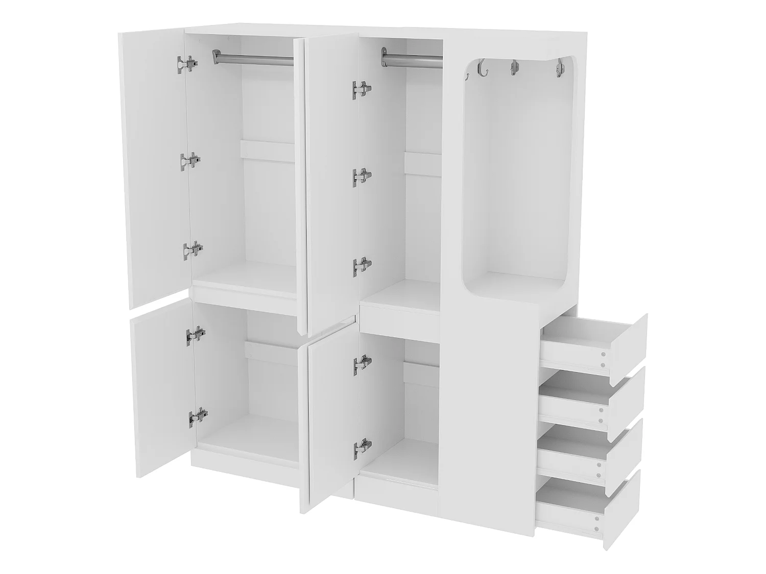 Garderobe 140x40x170 cm - med 4 skuffer - med opbevaringsrum - med låger - hvid