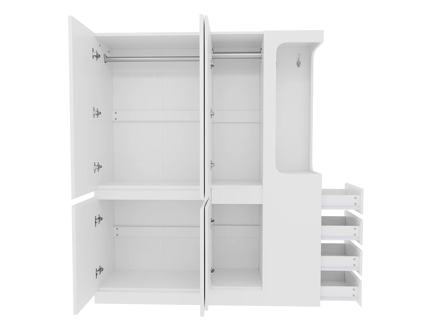 Garderobe 140x40x170 cm - med 4 skuffer - med opbevaringsrum - med låger - hvid
