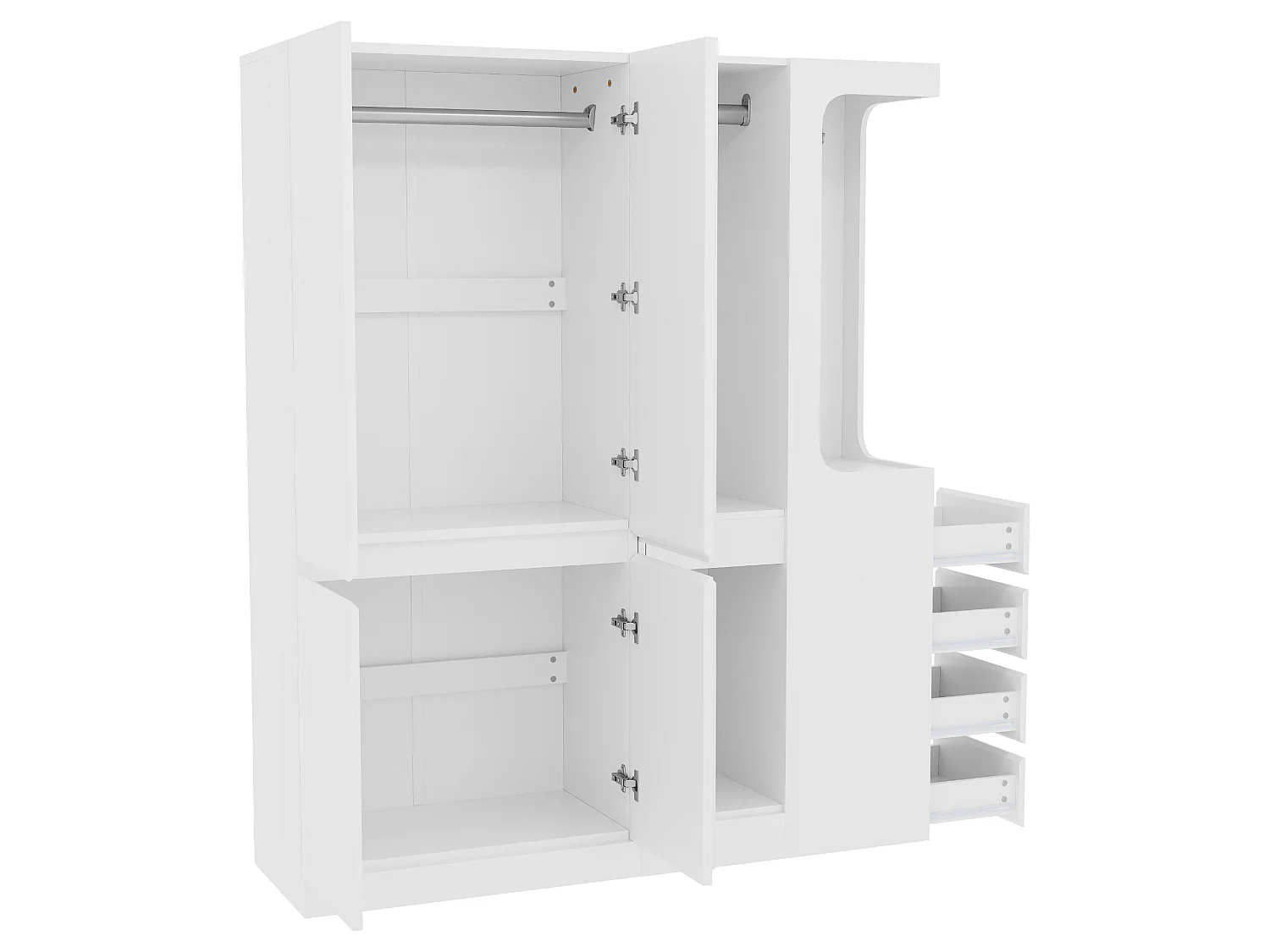Garderobe 140x40x170 cm - med 4 skuffer - med opbevaringsrum - med låger - hvid