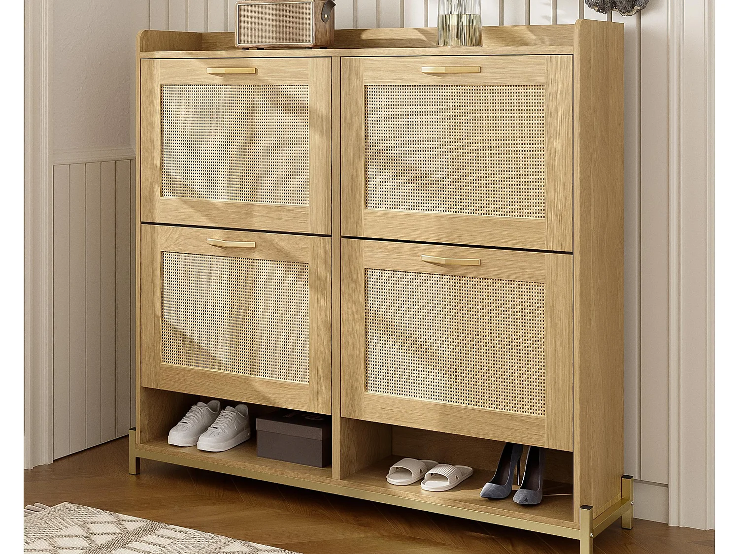 Mobile porta scarpe 108.5x24x100 cm - con 4 ante in rattan - Struttura in metallo - MDF - Naturale