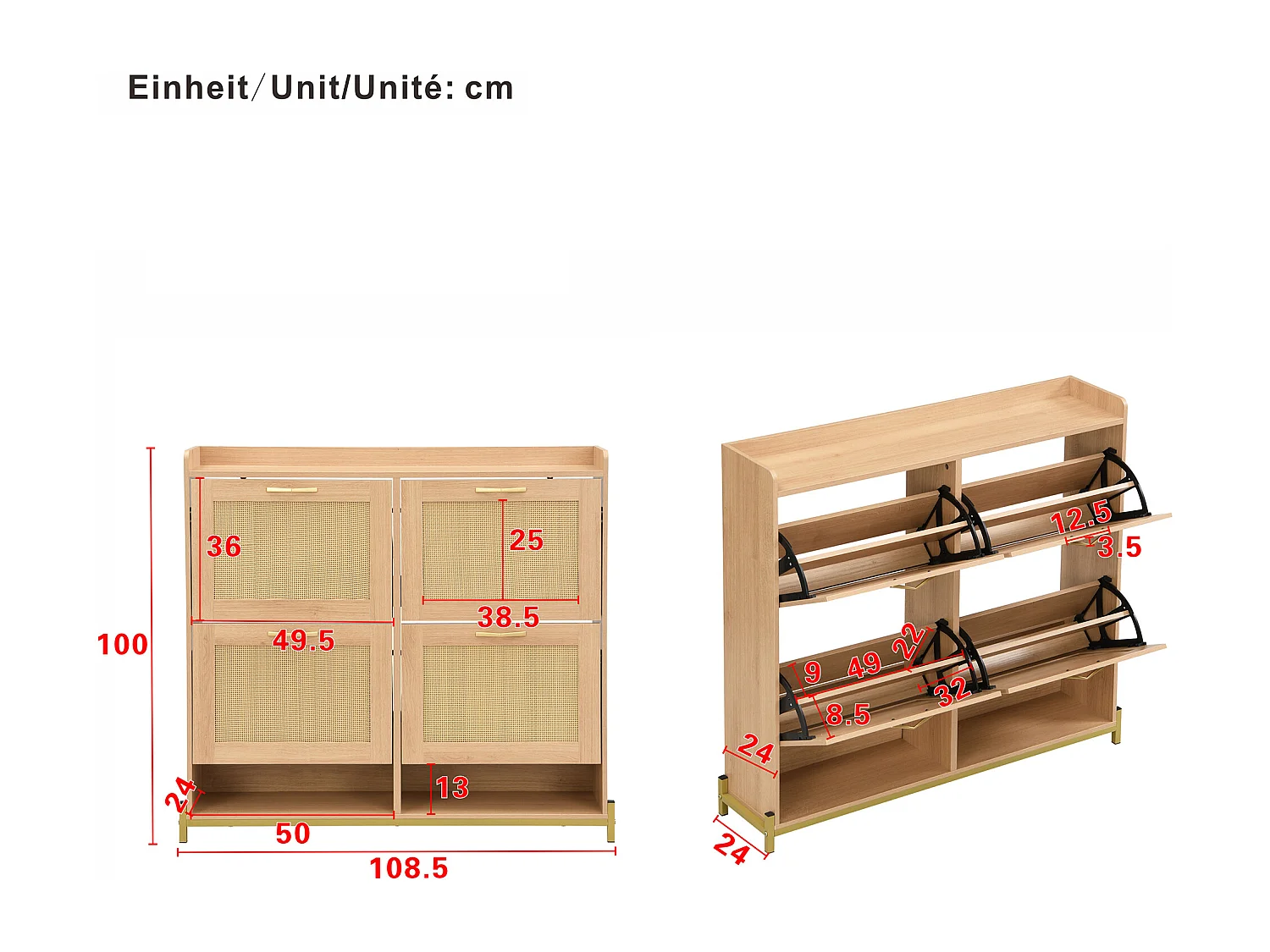 Mobile porta scarpe 108.5x24x100 cm - con 4 ante in rattan - Struttura in metallo - MDF - Naturale