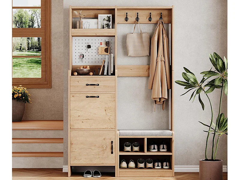 Moderne Eingangsgarderobe 80x35x185cm - mit 1 Schublade und 2 Türen - mit Schuhbank und Schuhschrank - Natur