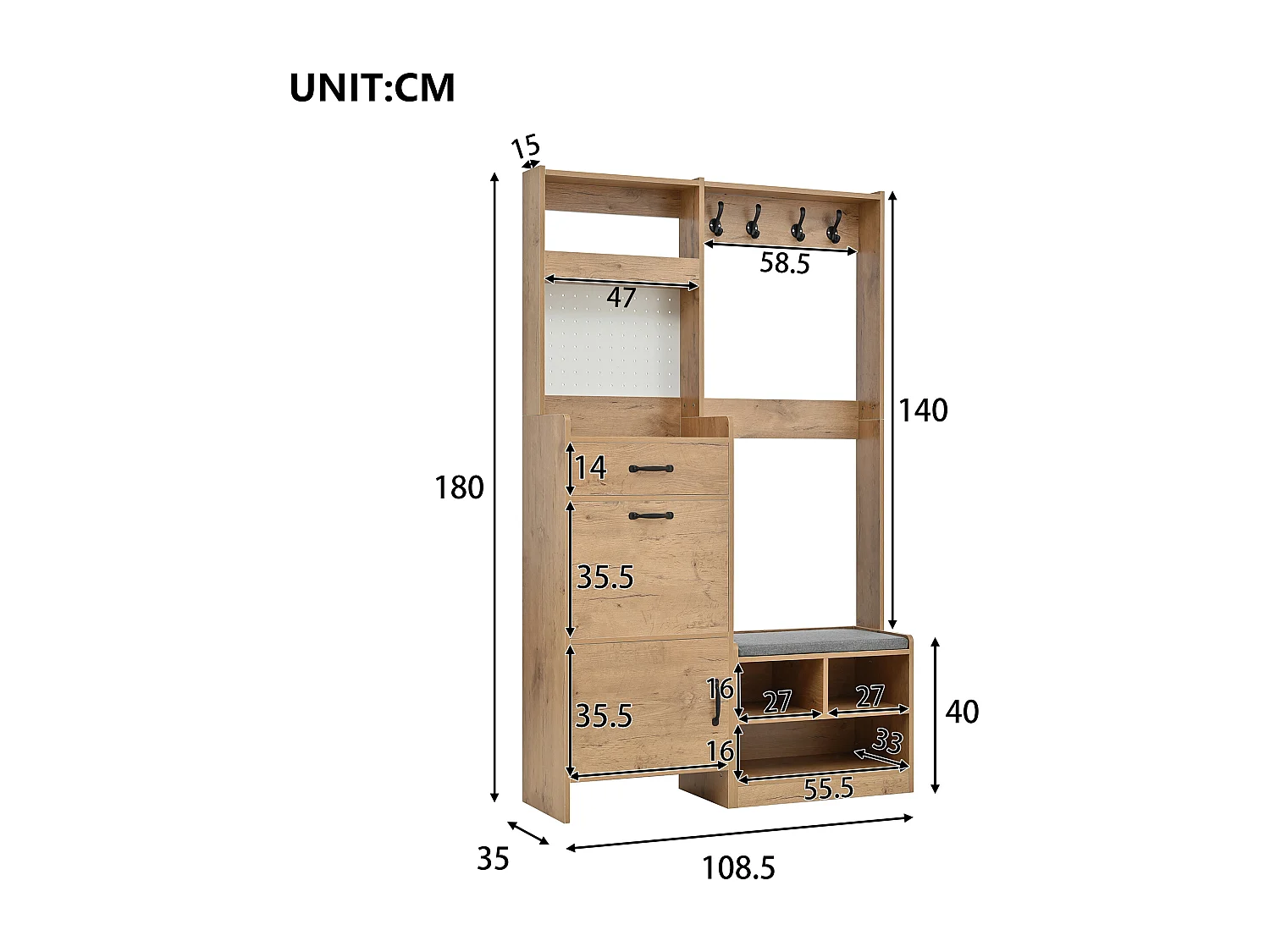 Moderne Eingangsgarderobe 80x35x185cm - mit 1 Schublade und 2 Türen - mit Schuhbank und Schuhschrank - Natur
