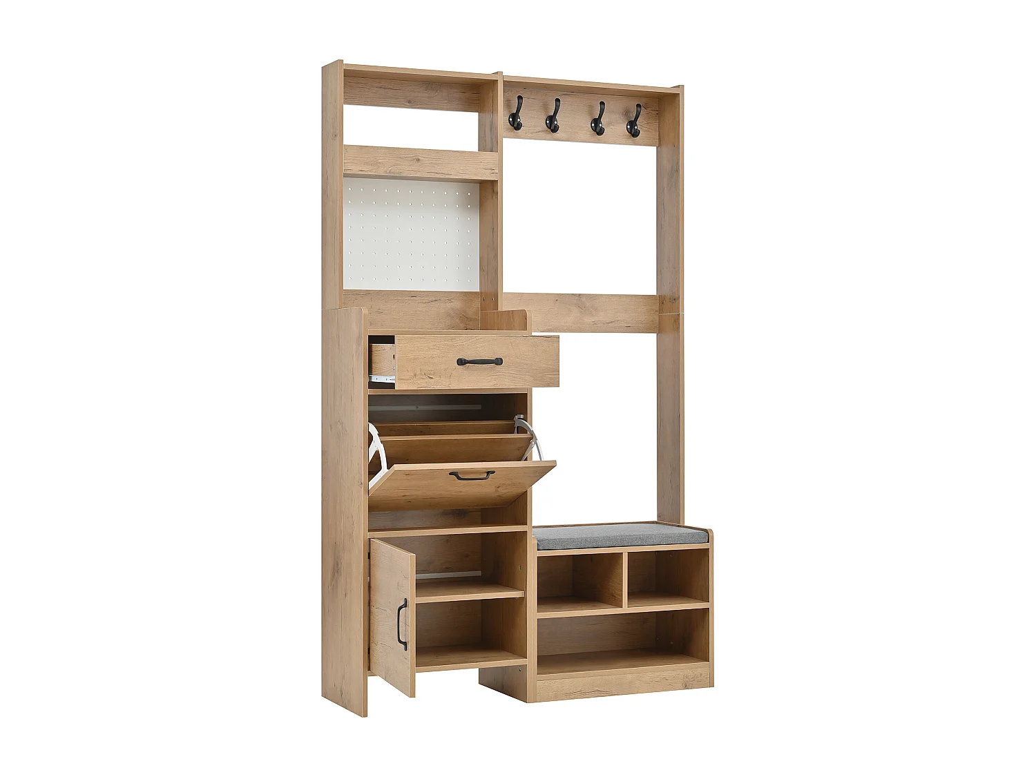 Moderne Eingangsgarderobe 80x35x185cm - mit 1 Schublade und 2 Türen - mit Schuhbank und Schuhschrank - Natur