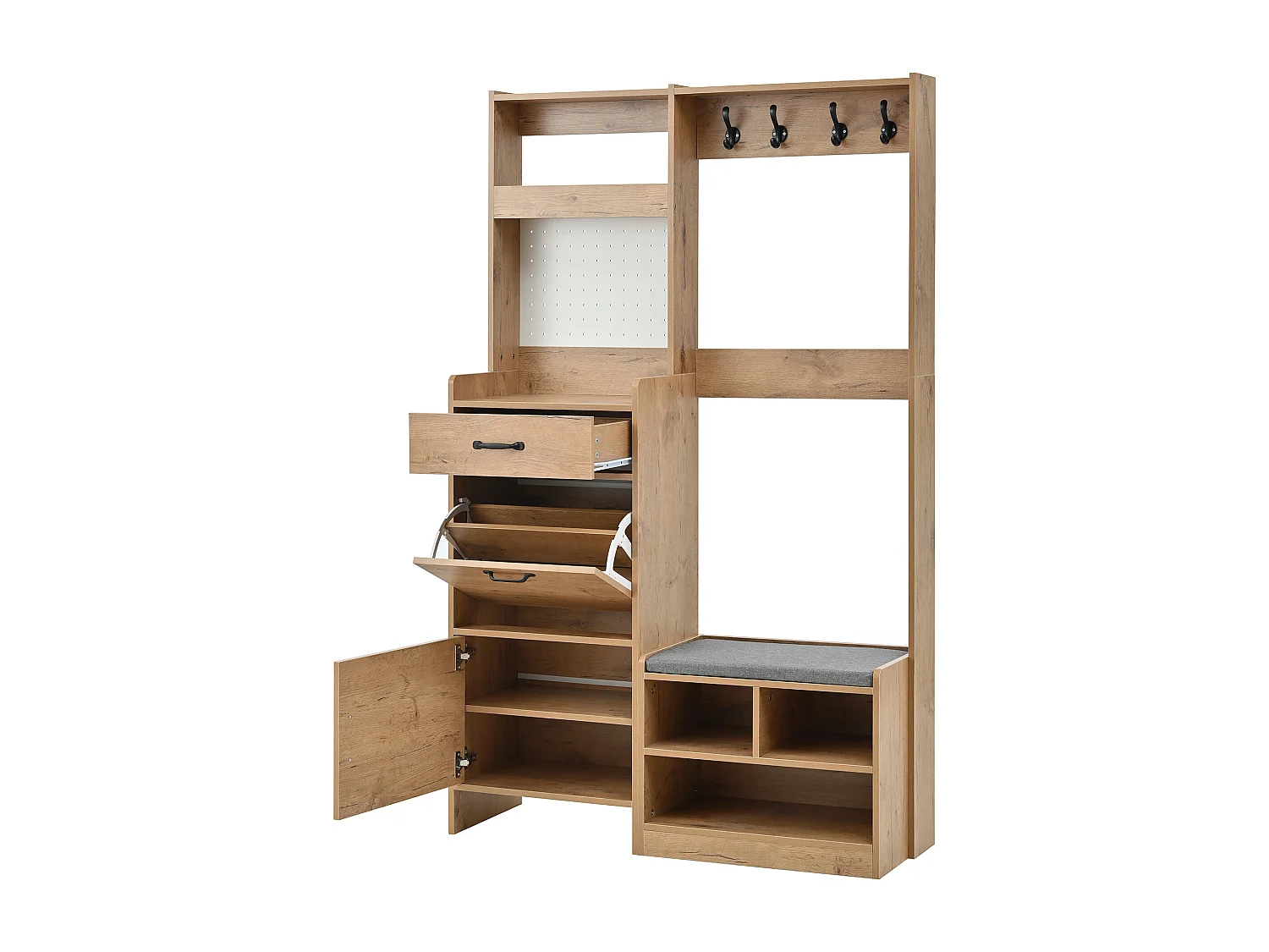 Moderne Eingangsgarderobe 80x35x185cm - mit 1 Schublade und 2 Türen - mit Schuhbank und Schuhschrank - Natur