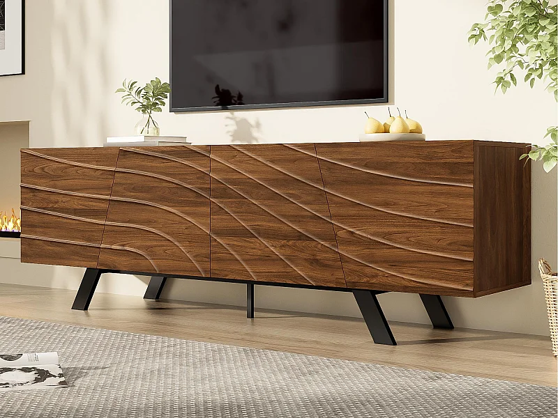 Meuble TV moderne 160x39x50,5 cm - 4 portes ondulées - Pieds en fer - MDF - Marron