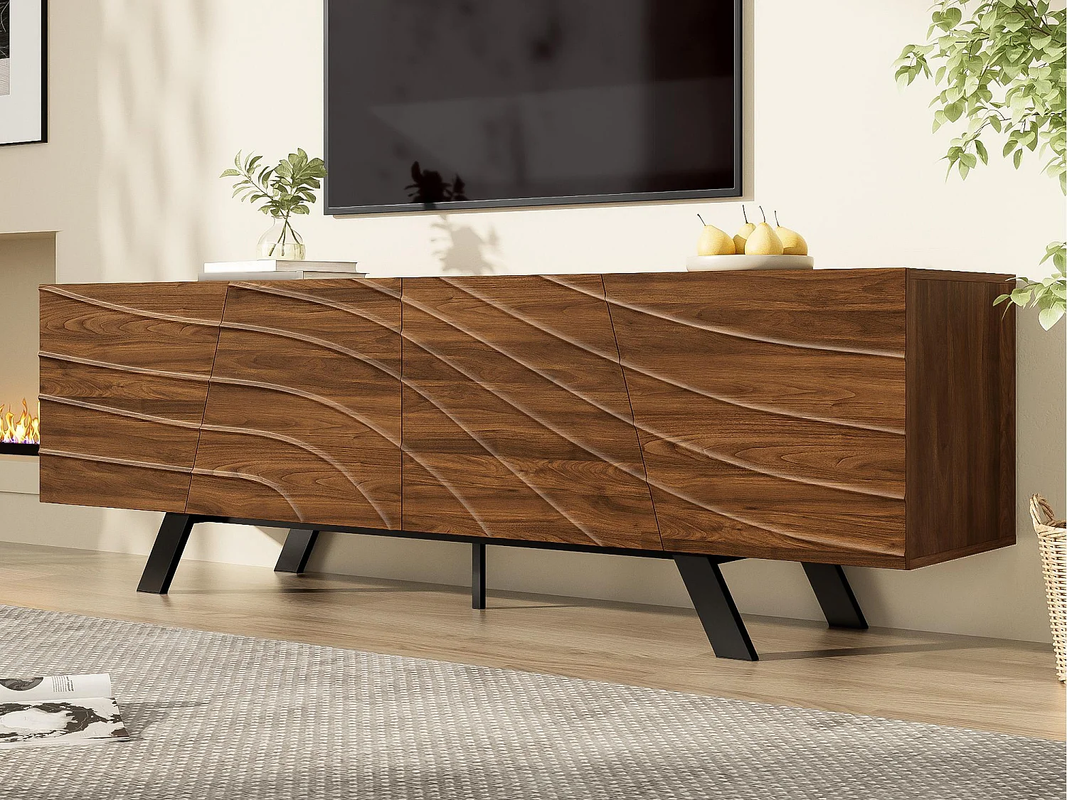 Meuble TV moderne 160x39x50,5 cm - 4 portes ondulées - Pieds en fer - MDF - Marron