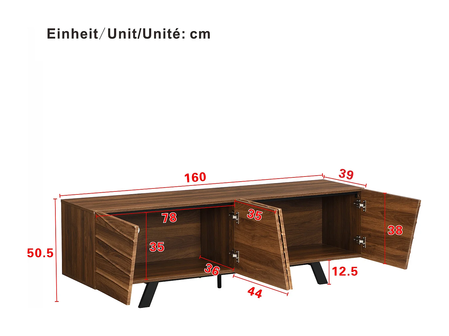 Meuble TV moderne 160x39x50,5 cm - 4 portes ondulées - Pieds en fer - MDF - Marron