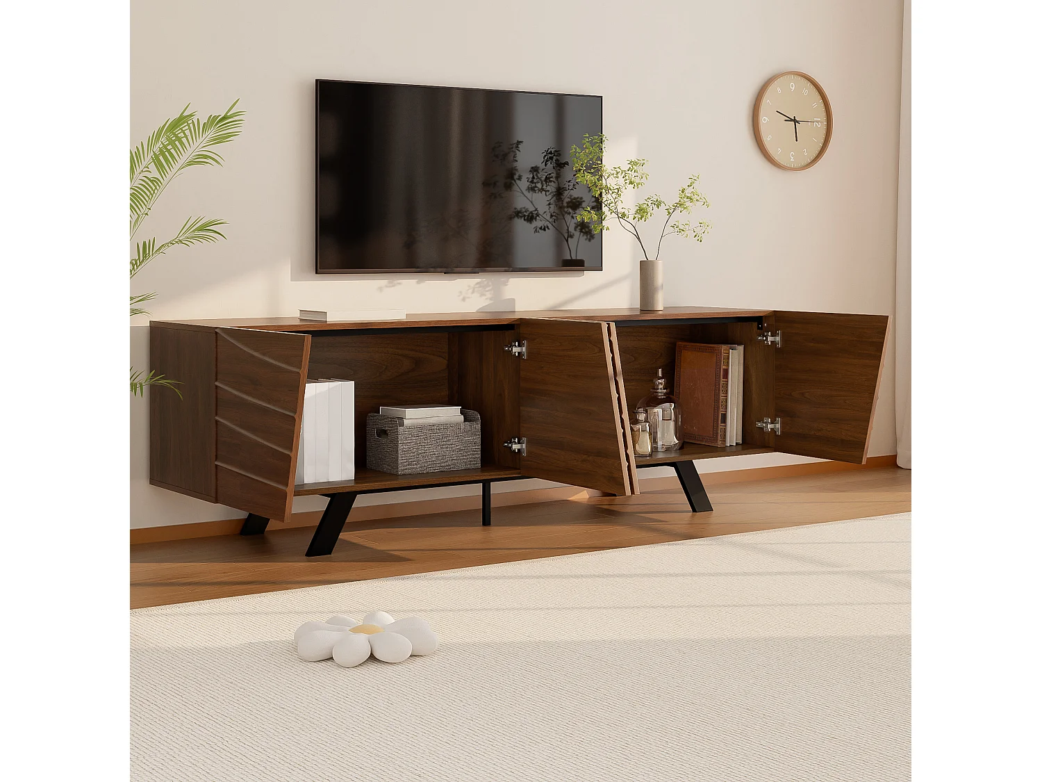 Mobile per TV moderno 160x39x50,5 cm - 4 ante ondulate - Gambe in ferro - MDF - Marrone