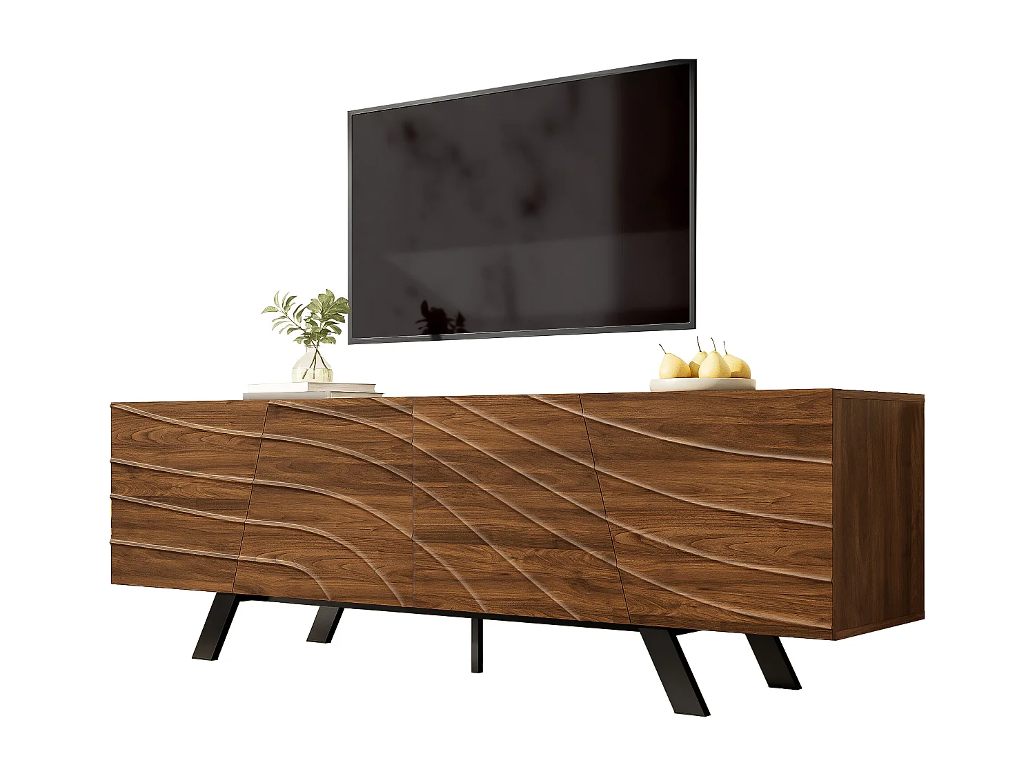 Mobile per TV moderno 160x39x50,5 cm - 4 ante ondulate - Gambe in ferro - MDF - Marrone
