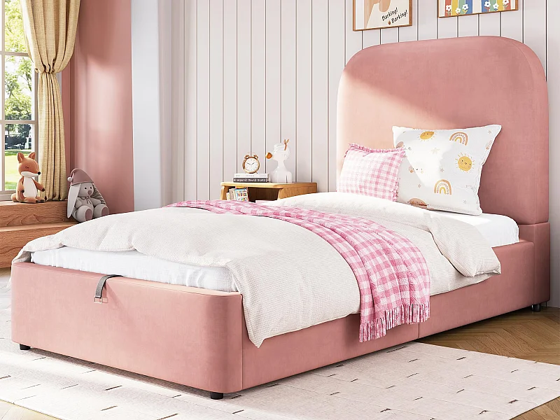 Lit coffre enfant 90x200cm - avec tête de lit rembourrée - avec espace de rangement - Velours - Rose (matelas non inclus)
