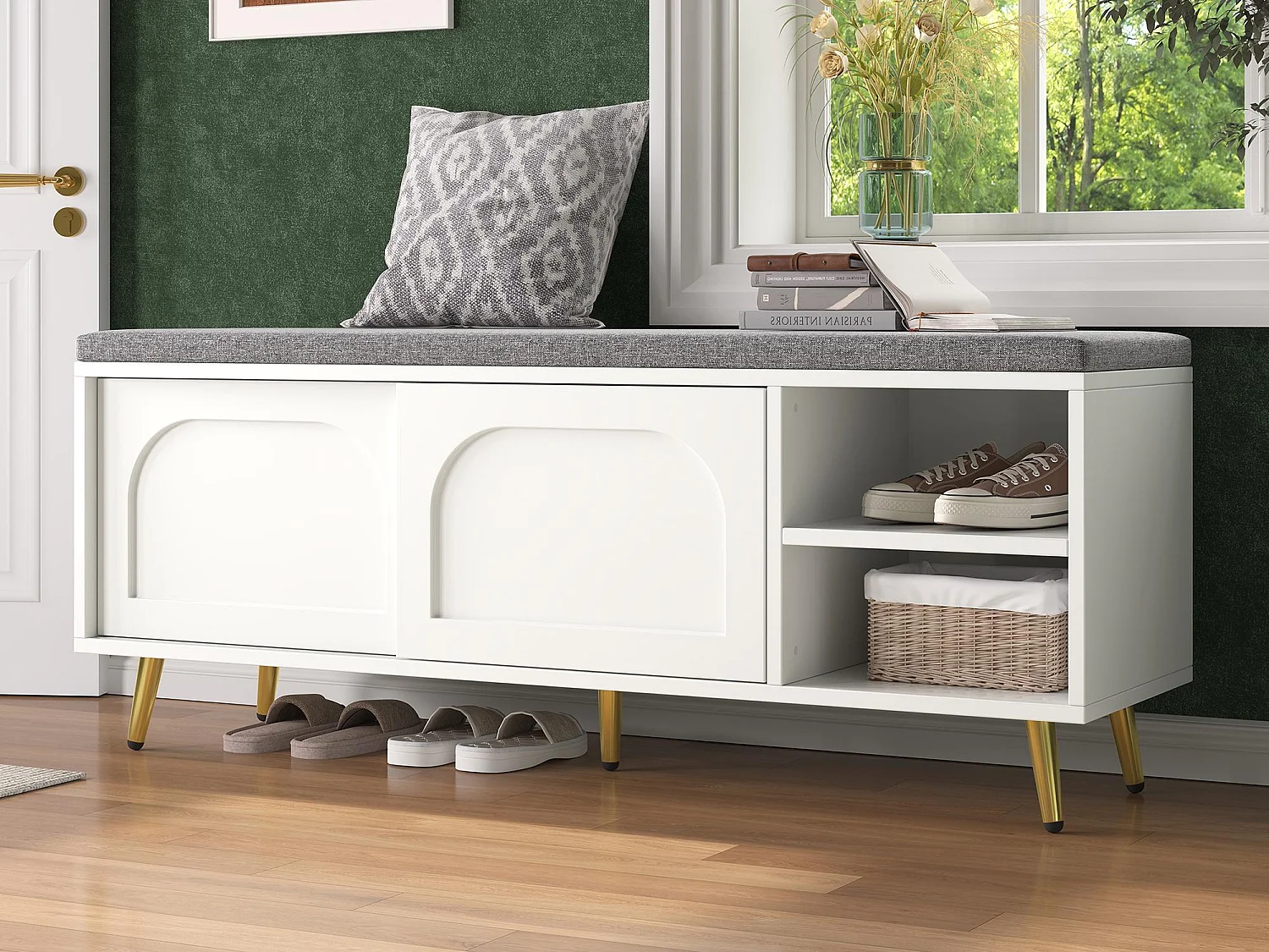 Schuhschrank 121x35x49cm - mit Sitzkissen - Schiebetüren und offene Ablagefächer - weiß