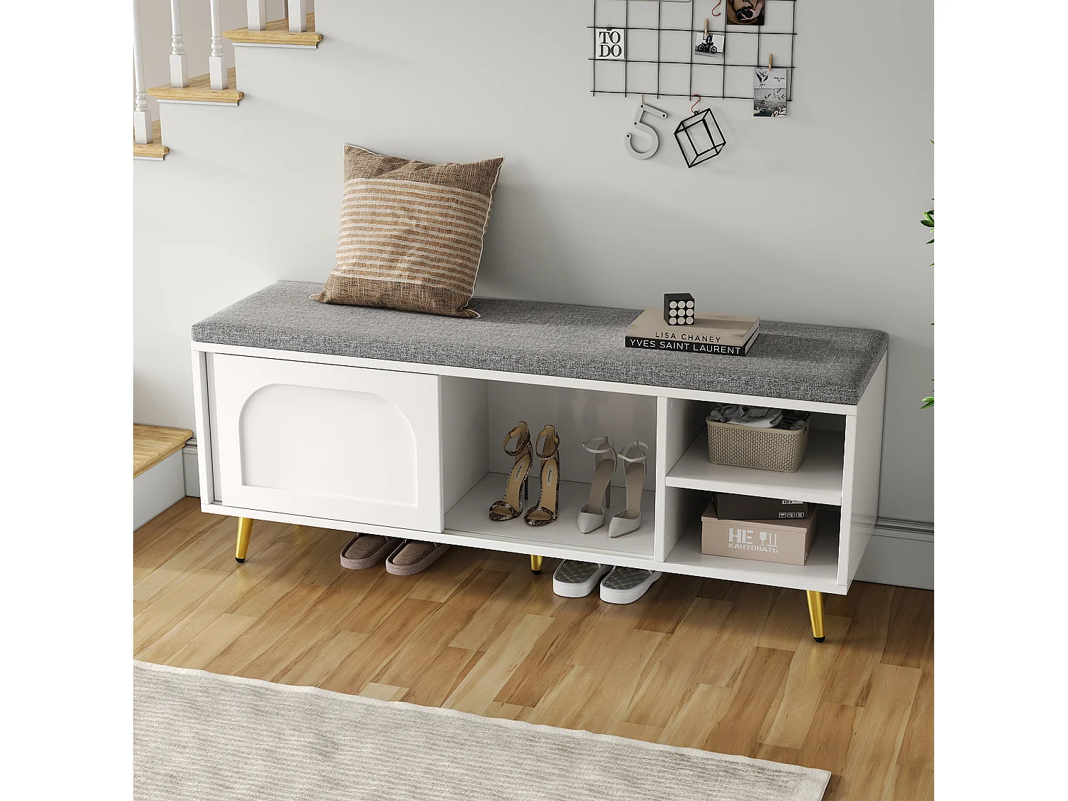 Schuhschrank 121x35x49cm - mit Sitzkissen - Schiebetüren und offene Ablagefächer - weiß