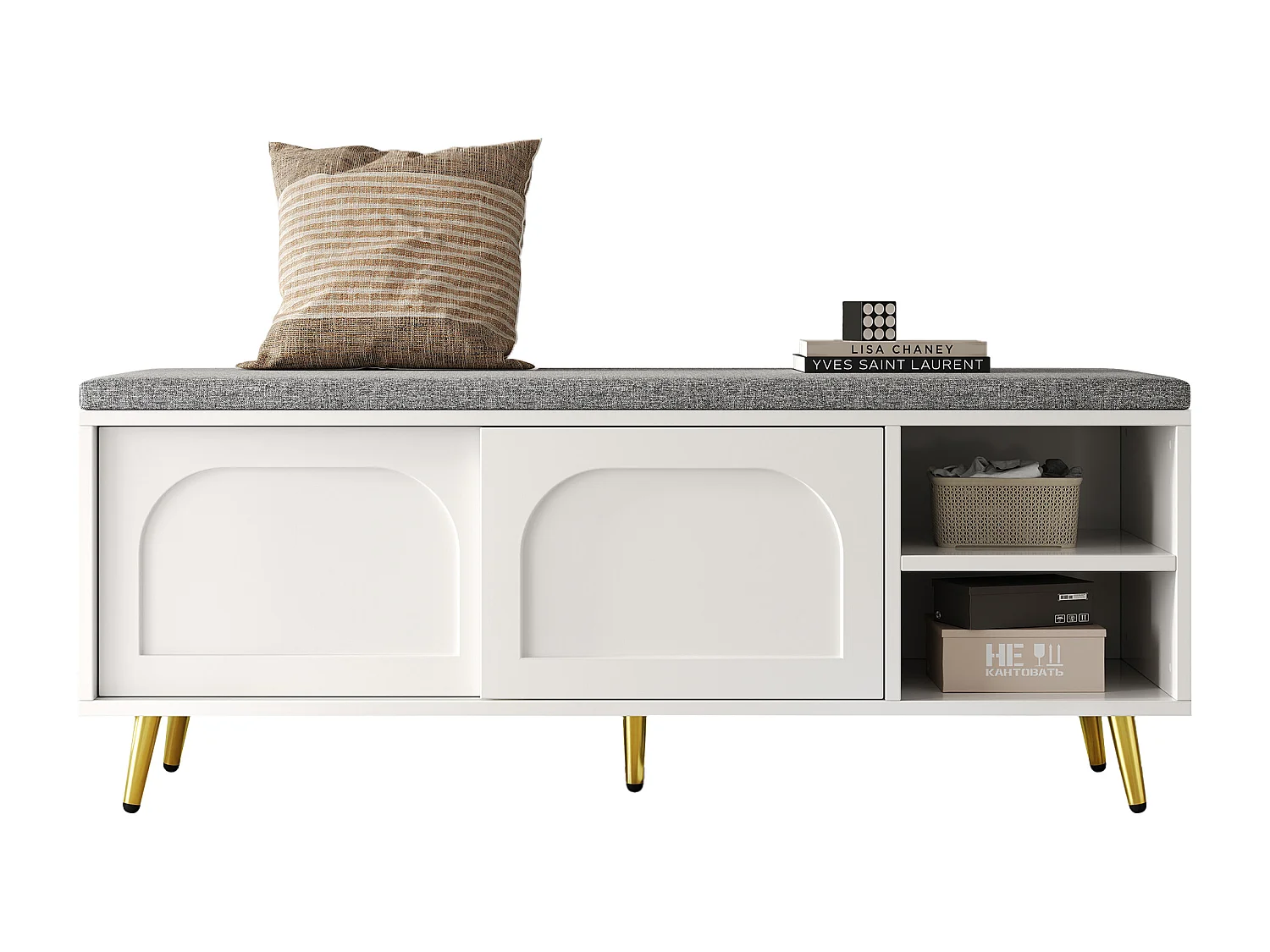 Schuhschrank 121x35x49cm - mit Sitzkissen - Schiebetüren und offene Ablagefächer - weiß