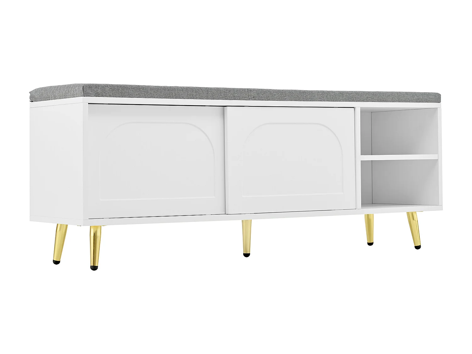 Schuhschrank 121x35x49cm - mit Sitzkissen - Schiebetüren und offene Ablagefächer - weiß