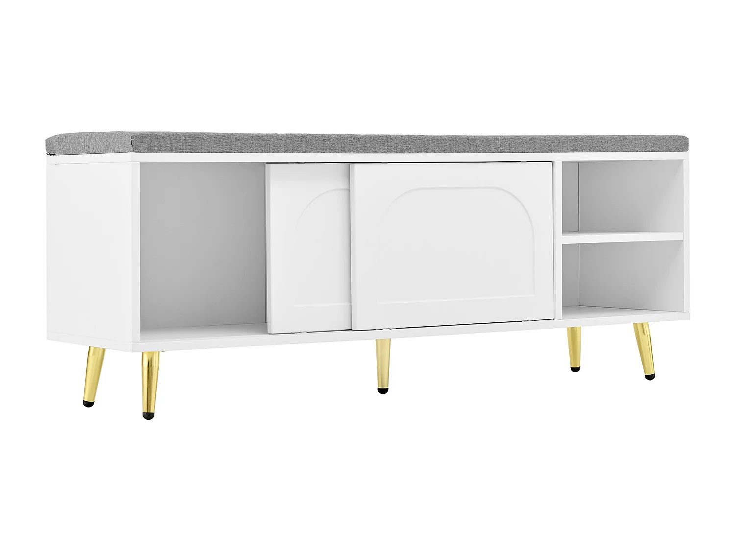 Schuhschrank 121x35x49cm - mit Sitzkissen - Schiebetüren und offene Ablagefächer - weiß