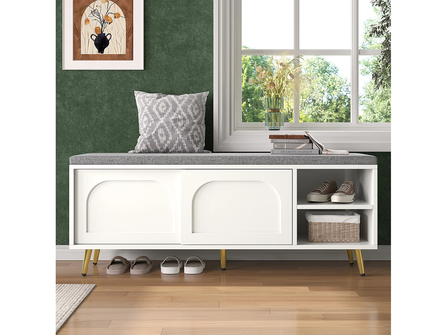 Meuble à chaussures 121x35x49cm - avec coussin - portes coulissantes et étagères ouvertes - blanc