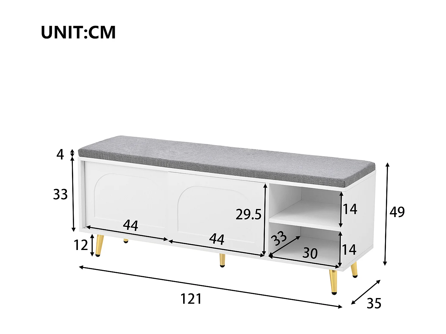 Meuble à chaussures 121x35x49cm - avec coussin - portes coulissantes et étagères ouvertes - blanc