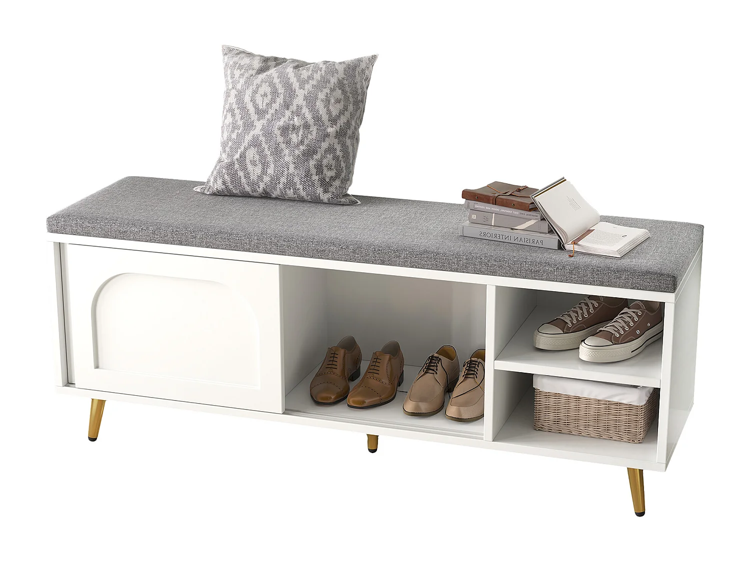 Meuble à chaussures 121x35x49cm - avec coussin - portes coulissantes et étagères ouvertes - blanc