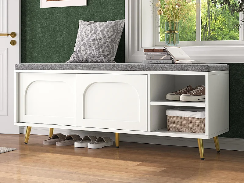 Schuhschrank 121x35x49cm - mit Sitzkissen - Schiebetüren und offene Ablagefächer - weiß