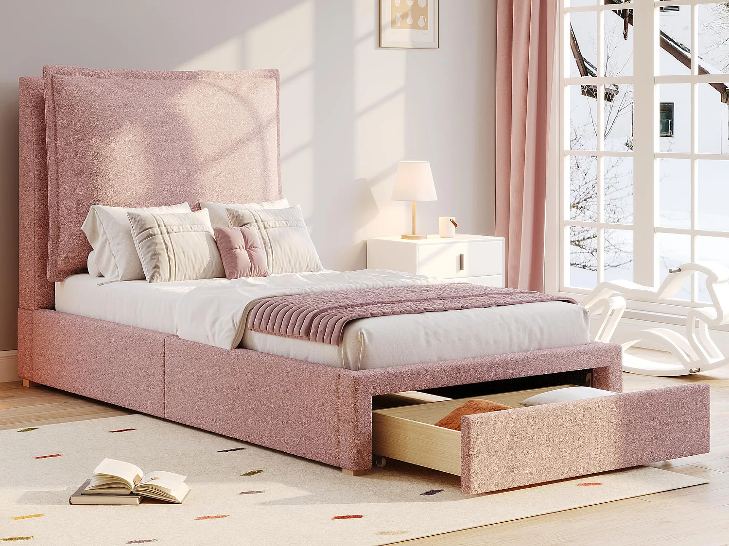 Kinderbett 90x200cm - mit gepolstertem Kopfteil - mit 1 Schublade - Chenille-Stoff - Rosa (Matratze nicht inbegriffen)