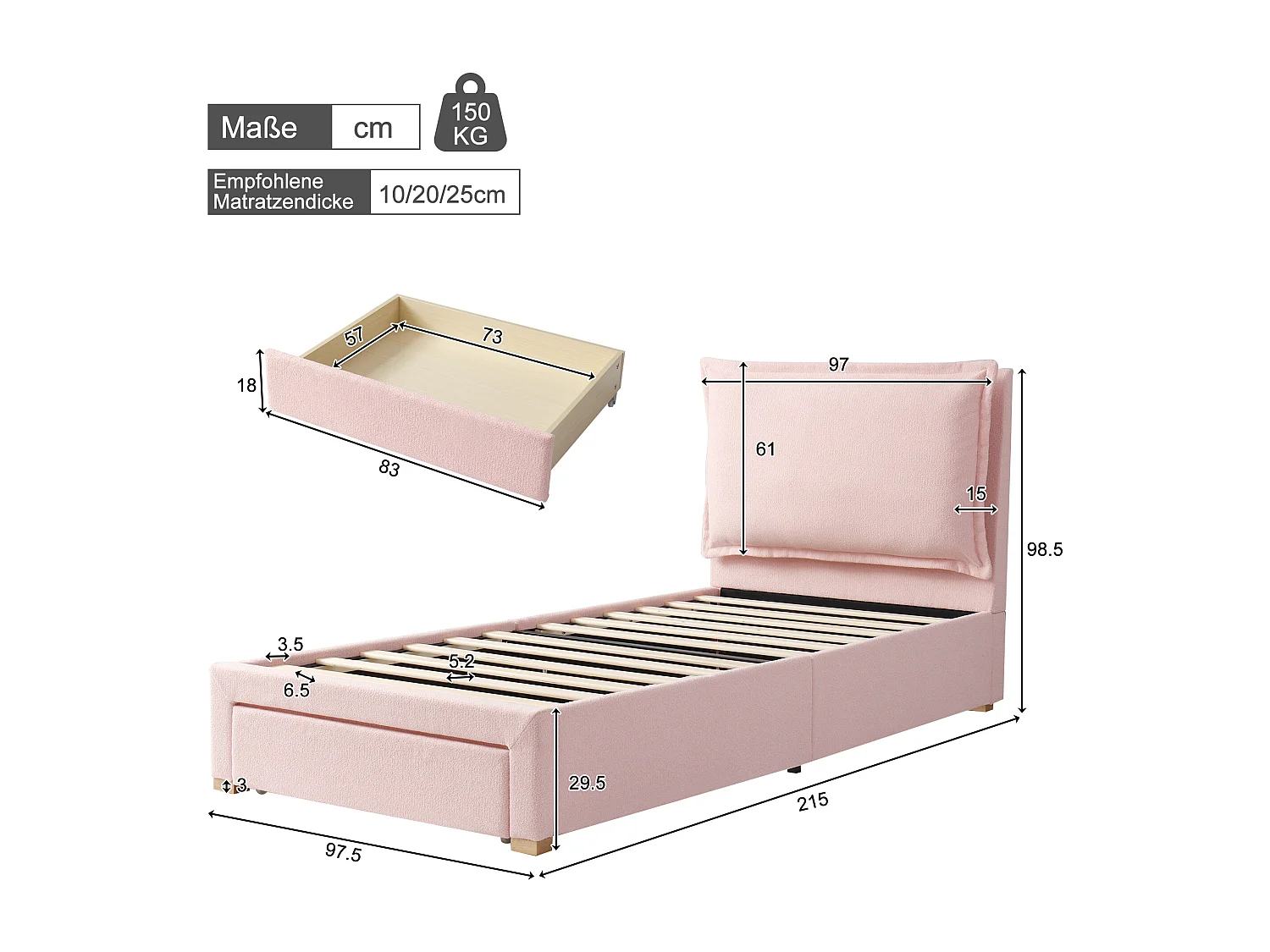 Kinderbett 90x200cm - mit gepolstertem Kopfteil - mit 1 Schublade - Chenille-Stoff - Rosa (Matratze nicht inbegriffen)