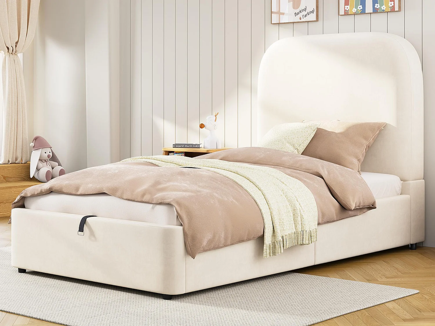 Lit coffre enfant 90x200cm - avec tête de lit rembourrée - avec espace de rangement - Velours - Beige (matelas non inclus)