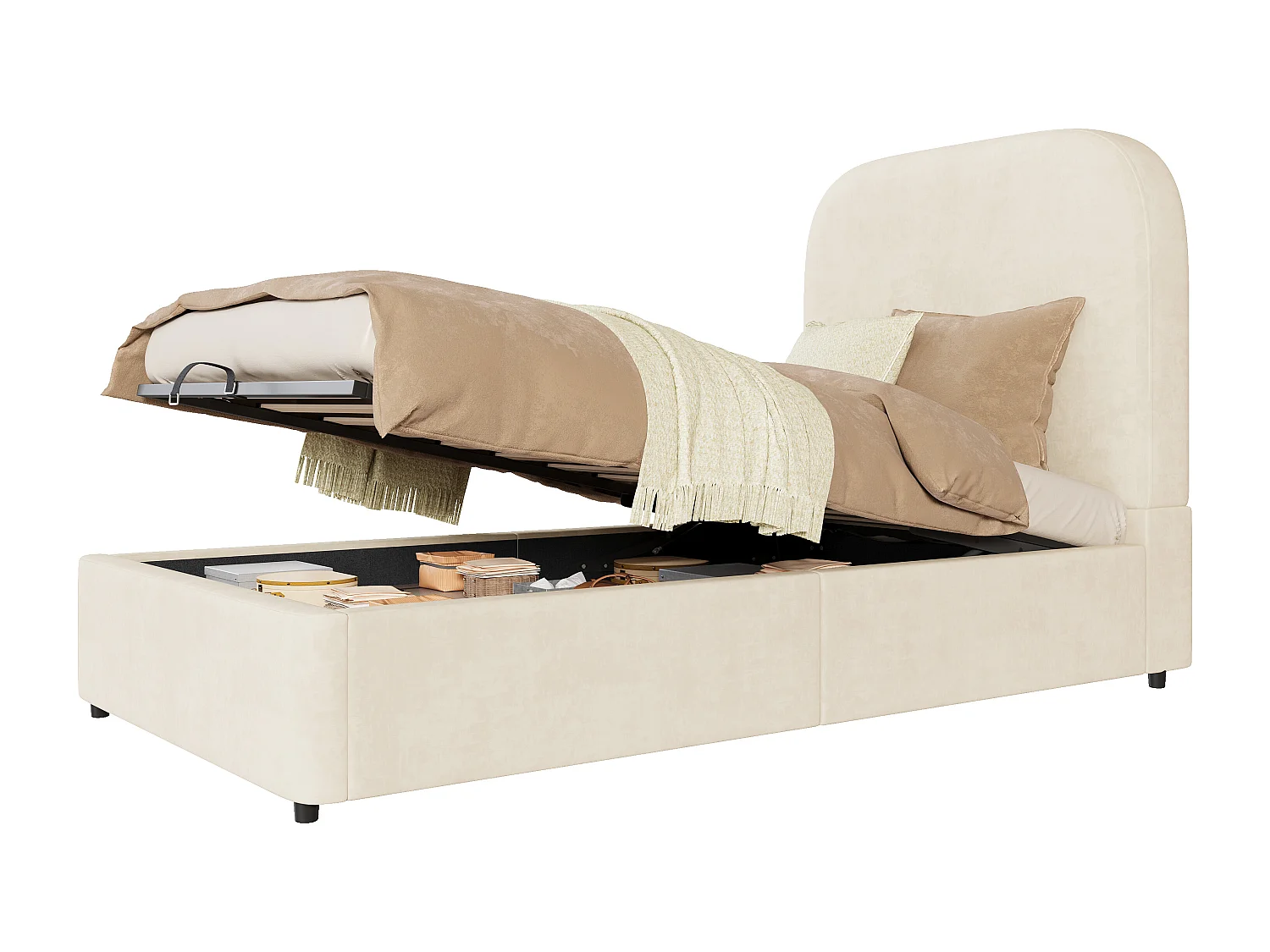 Lit coffre enfant 90x200cm - avec tête de lit rembourrée - avec espace de rangement - Velours - Beige (matelas non inclus)