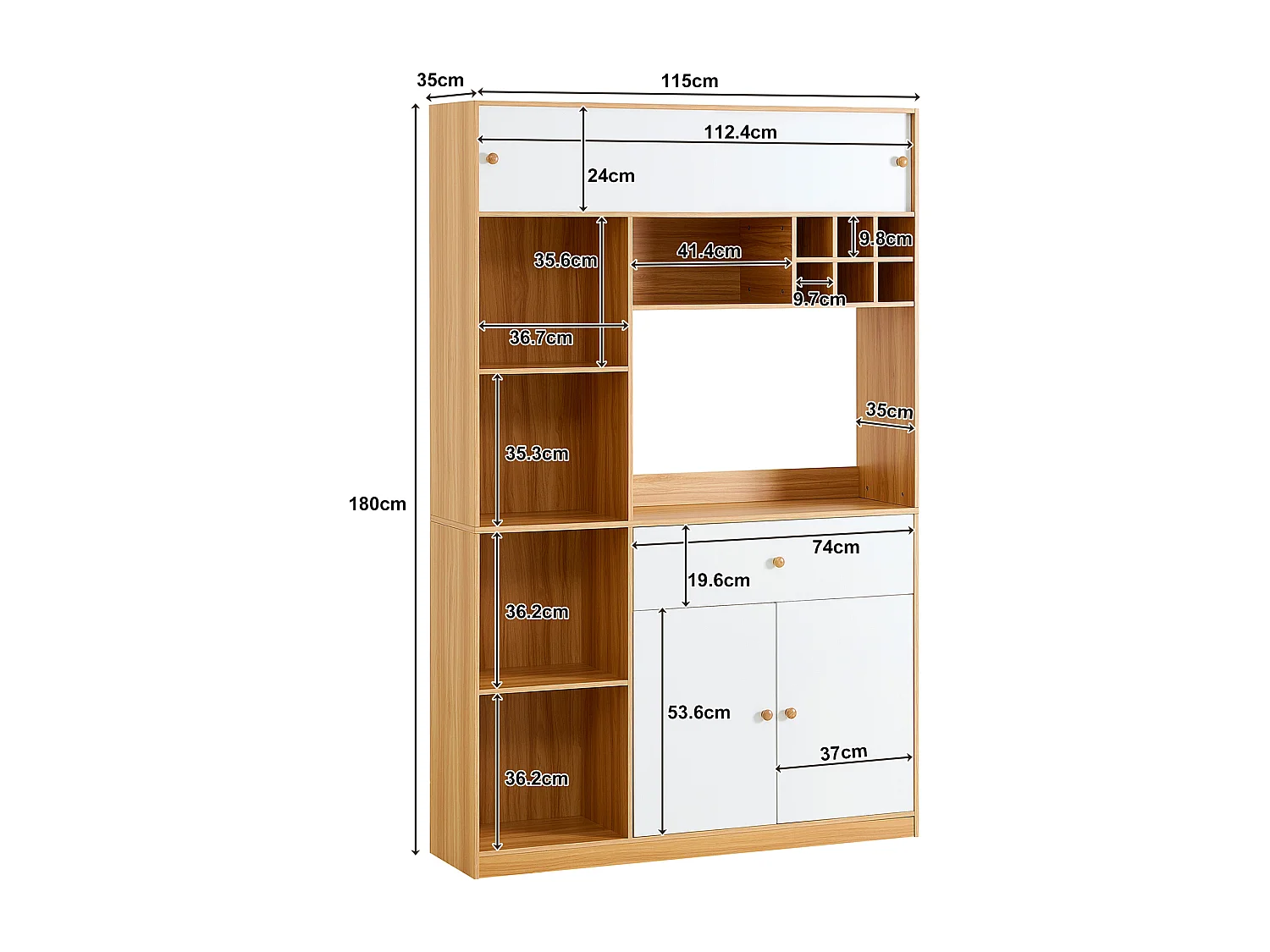Hochschrank Küche 115x35x180cm - 3 Türen + 1 Schublade - mit LED-Beleuchtung - Hochschrank - Natur + Weiß