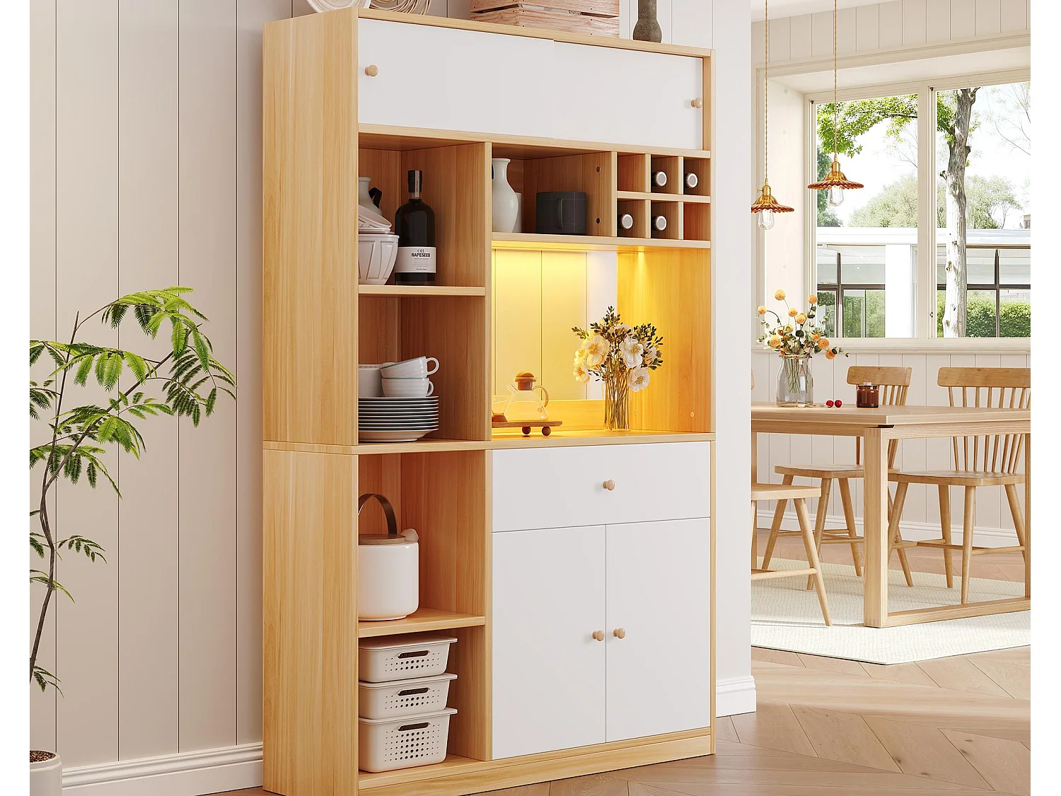 Buffet de cuisine 115x35x180cm - 3 portes + 1 tiroir - avec éclairage LED - meuble haut - Naturel + Blanc