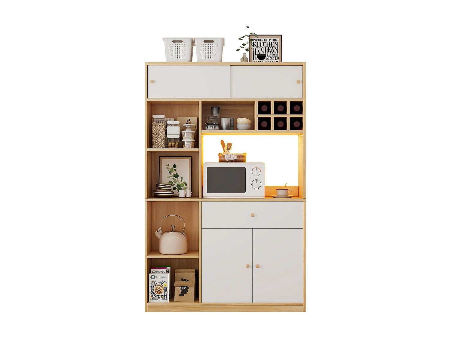 Buffet de cuisine 115x35x180cm - 3 portes + 1 tiroir - avec éclairage LED - meuble haut - Naturel + Blanc