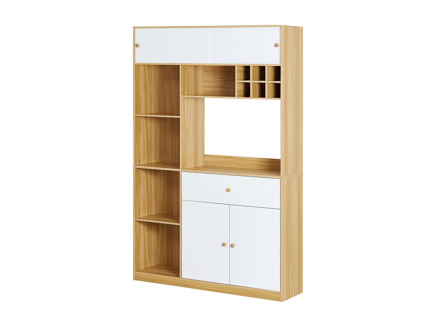 Buffet de cuisine 115x35x180cm - 3 portes + 1 tiroir - avec éclairage LED - meuble haut - Naturel + Blanc