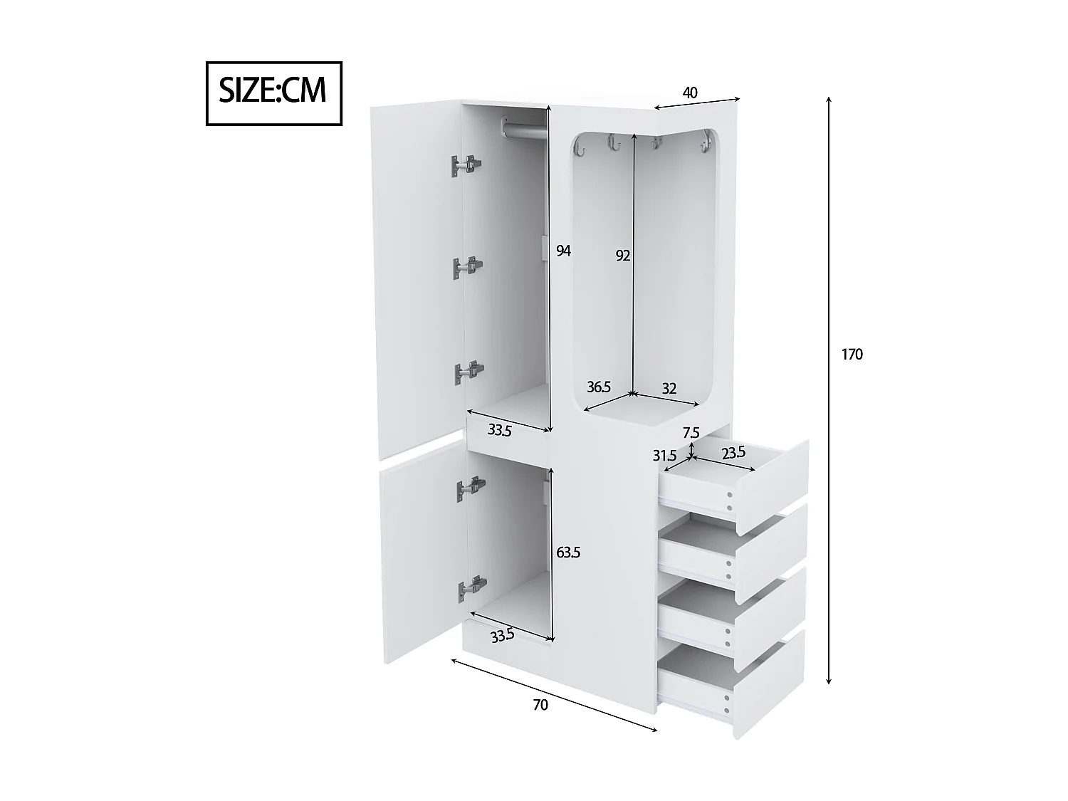 Kleiderschrank 70x40x170 cm - mit 3 Schubladen - mit 2 Türen - weiß