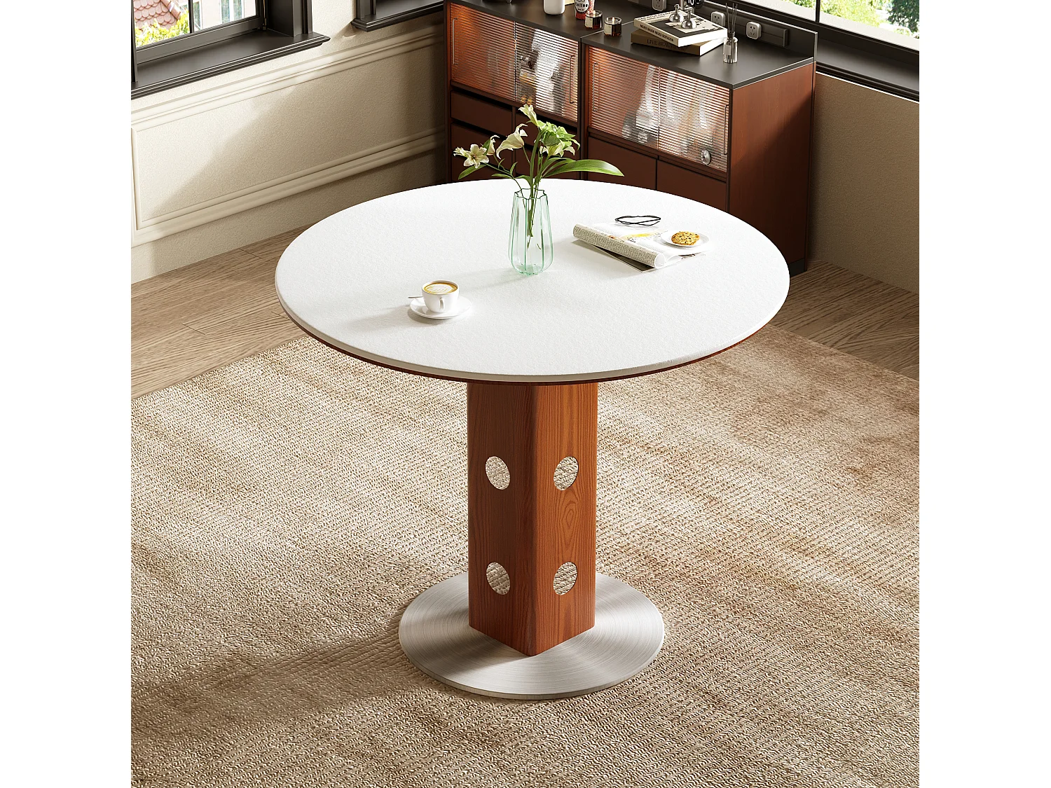 Table à manger ronde style moderne et minimaliste – table de cuisine/salle à manger 90 cm avec plateau en pierre frittée et structure bois-métal pour salon, salle à