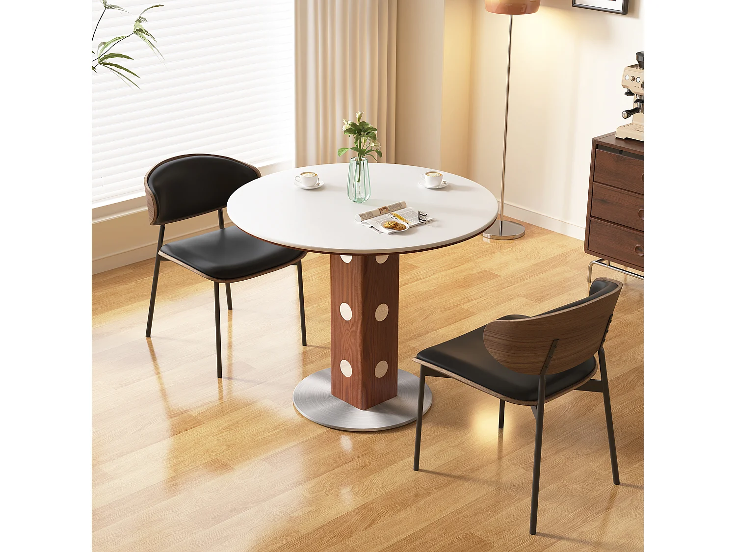 Table à manger ronde style moderne et minimaliste – table de cuisine/salle à manger 90 cm avec plateau en pierre frittée et structure bois-métal pour salon, salle à