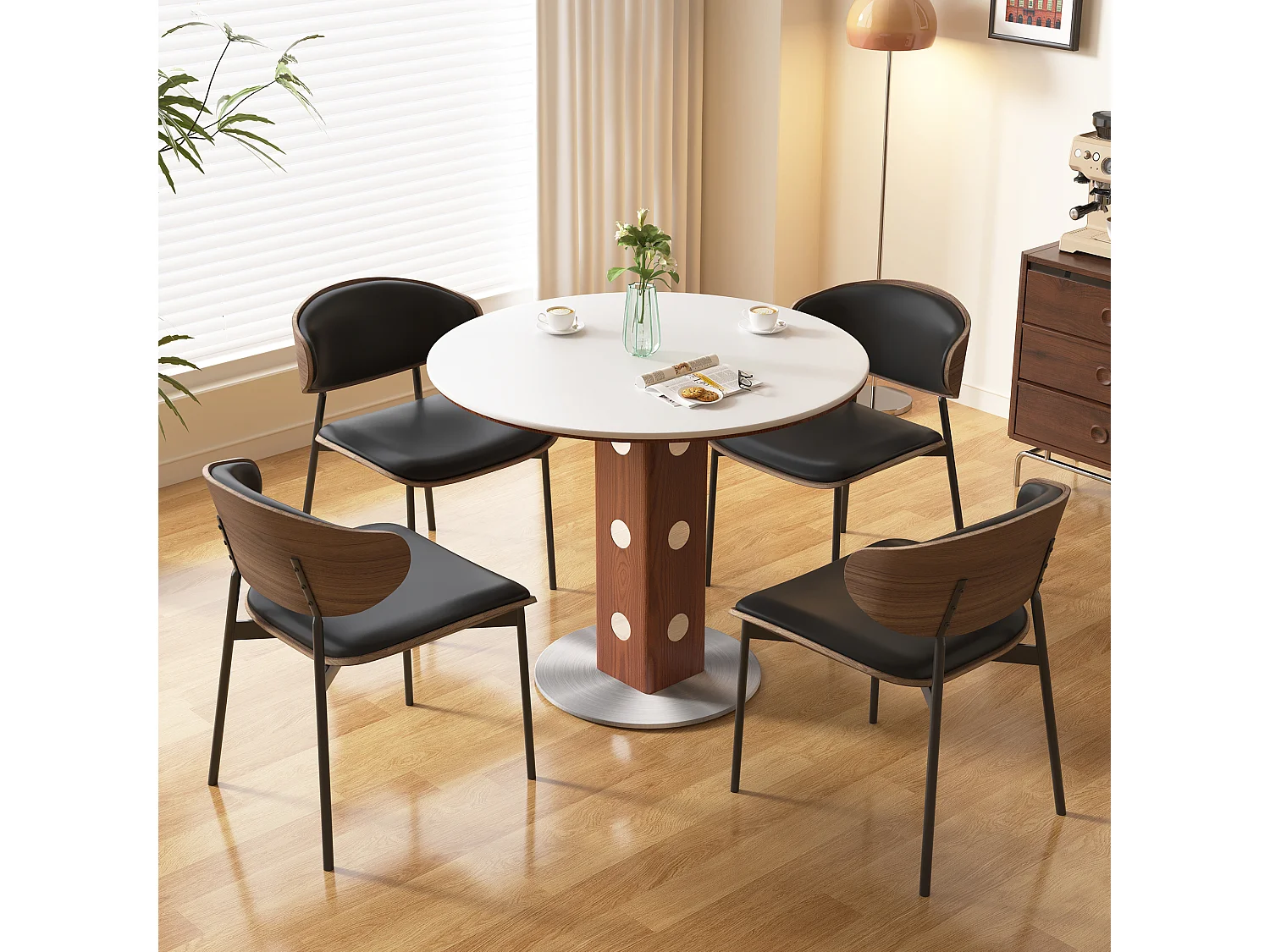 Table à manger ronde style moderne et minimaliste – table de cuisine/salle à manger 90 cm avec plateau en pierre frittée et structure bois-métal pour salon, salle à