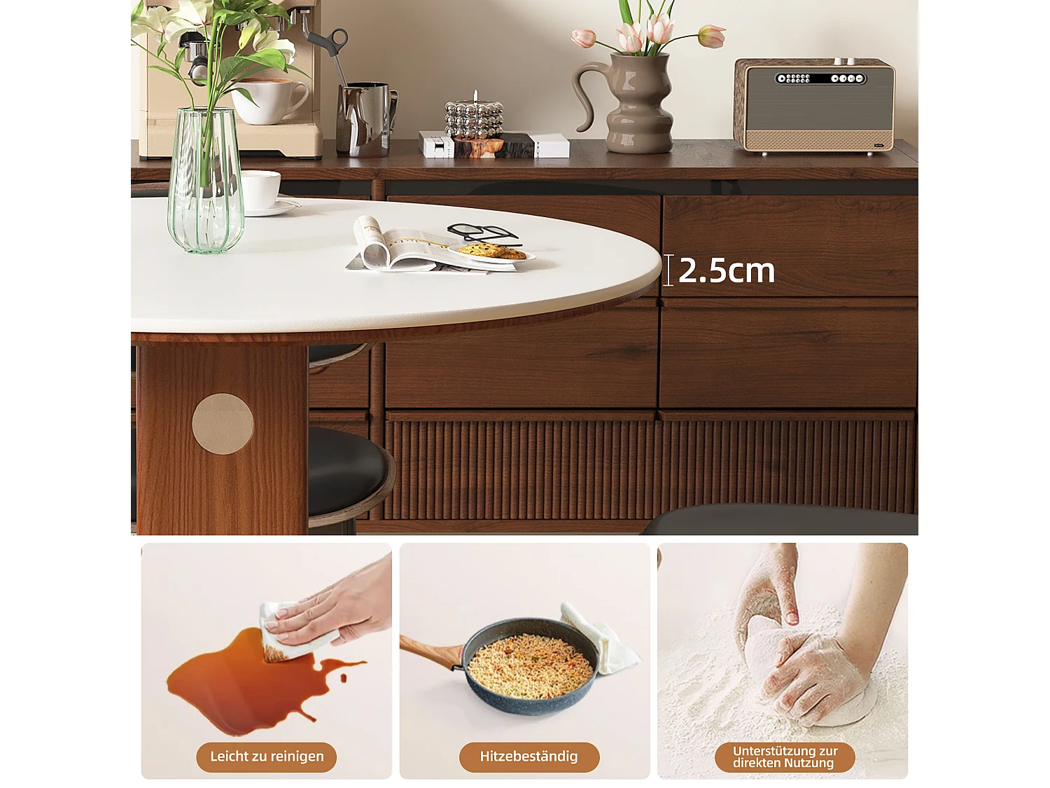 Table à manger ronde style moderne et minimaliste – table de cuisine/salle à manger 90 cm avec plateau en pierre frittée et structure bois-métal pour salon, salle à