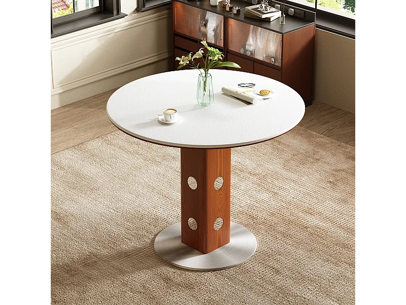 Table à manger ronde style moderne et minimaliste – table de cuisine/salle à manger 90 cm avec plateau en pierre frittée et structure bois-métal pour salon, salle à