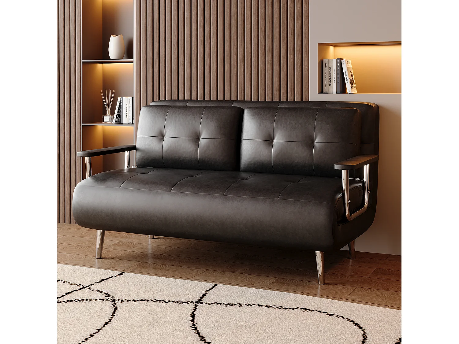 Canapé-lit en cuir noir, canapé moderne avec fonction lit, matelas pliant et pieds en métal, polyvalent pour salon, chambre et petits espaces (150 cm)