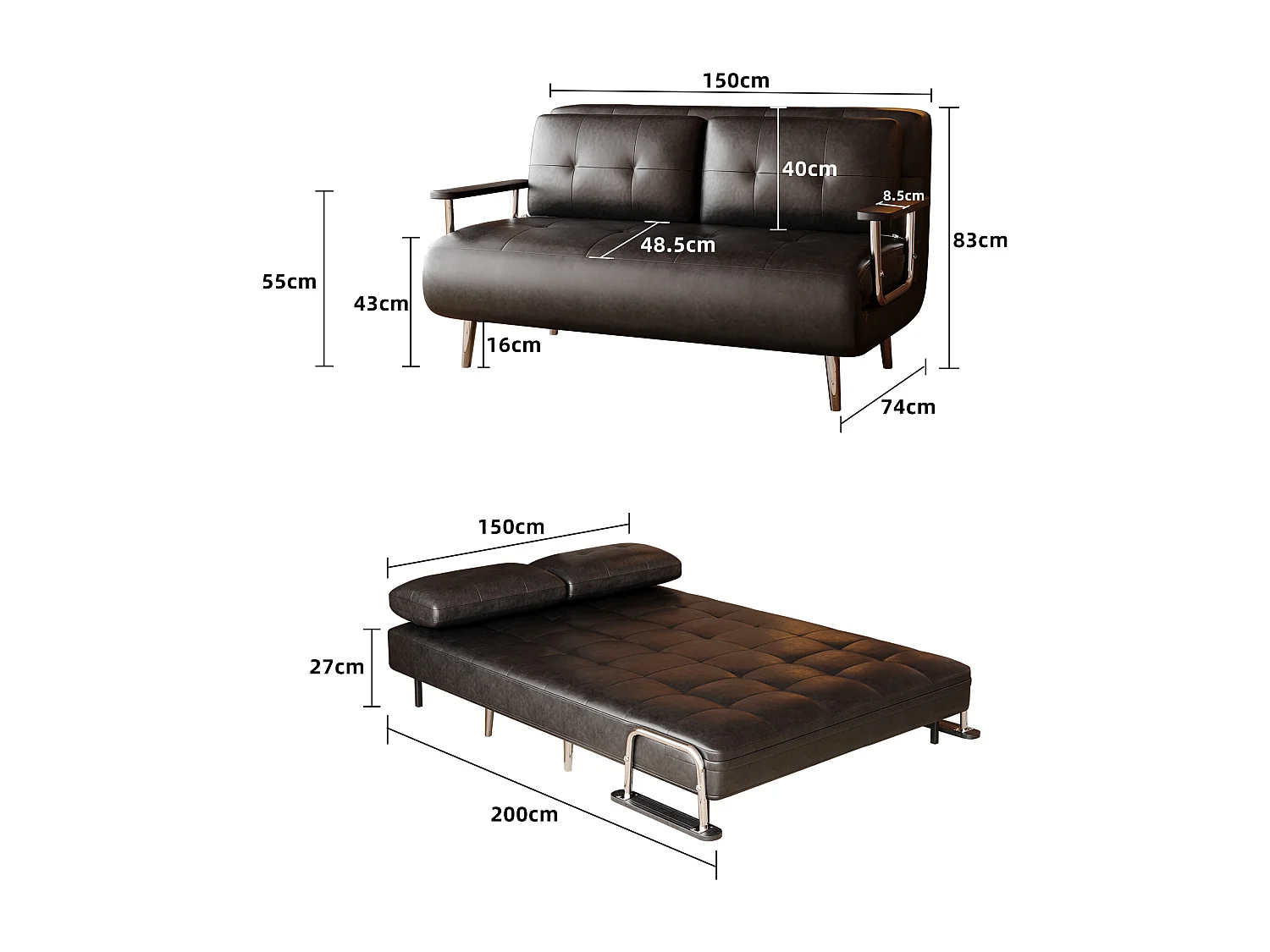 Canapé-lit en cuir noir, canapé moderne avec fonction lit, matelas pliant et pieds en métal, polyvalent pour salon, chambre et petits espaces (150 cm)