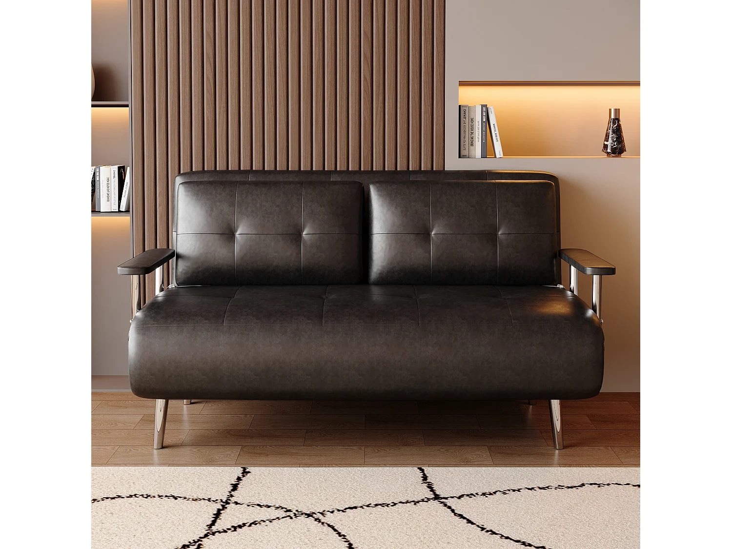 Canapé-lit en cuir noir, canapé moderne avec fonction lit, matelas pliant et pieds en métal, polyvalent pour salon, chambre et petits espaces (150 cm)